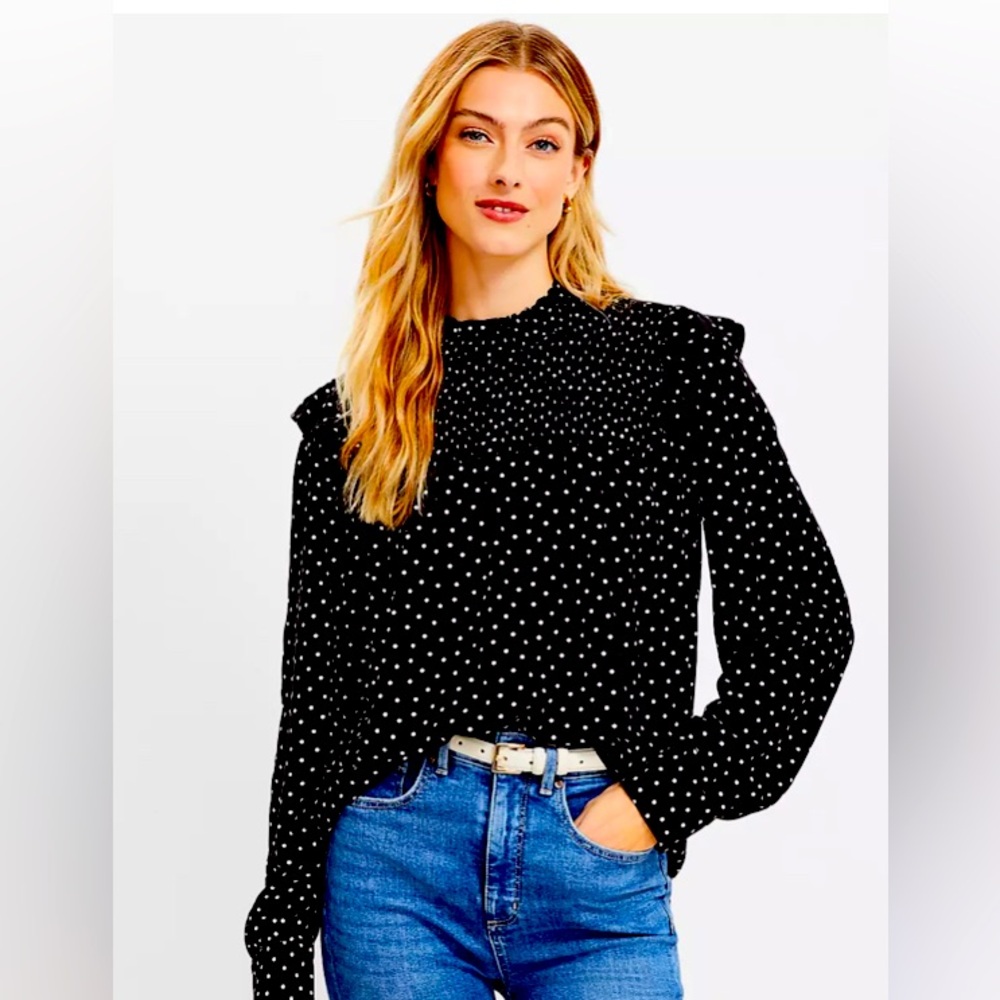 LOFT Black & White Polka Dot-smocked ruffle mock neck long sleeve top– size xs